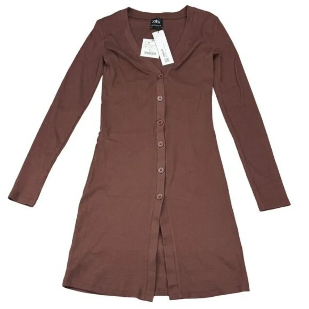 Zara Ribbed Long Cardigan Sweater Button Front In Brown - Picture 2 of 4